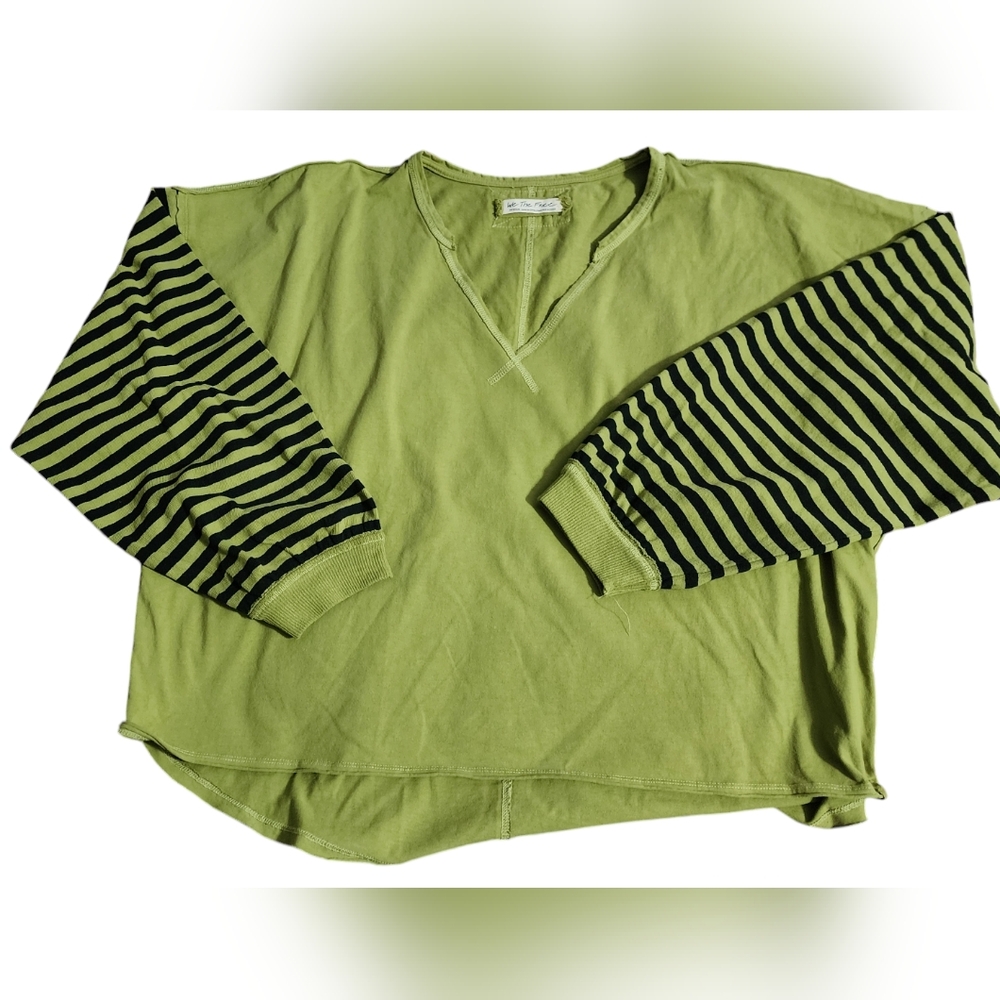 NWOT We The Free (Free People) Long Sleeved V-Neck Tee with Striped Sleeves